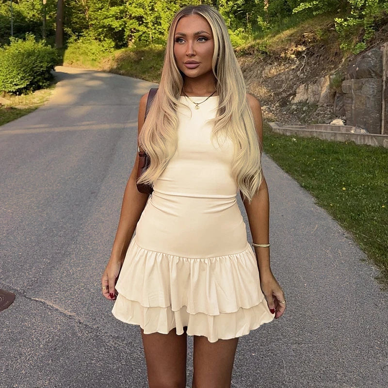 Round Neck Ruffle Dress Apricot Sleevele Wait Dress Skinny