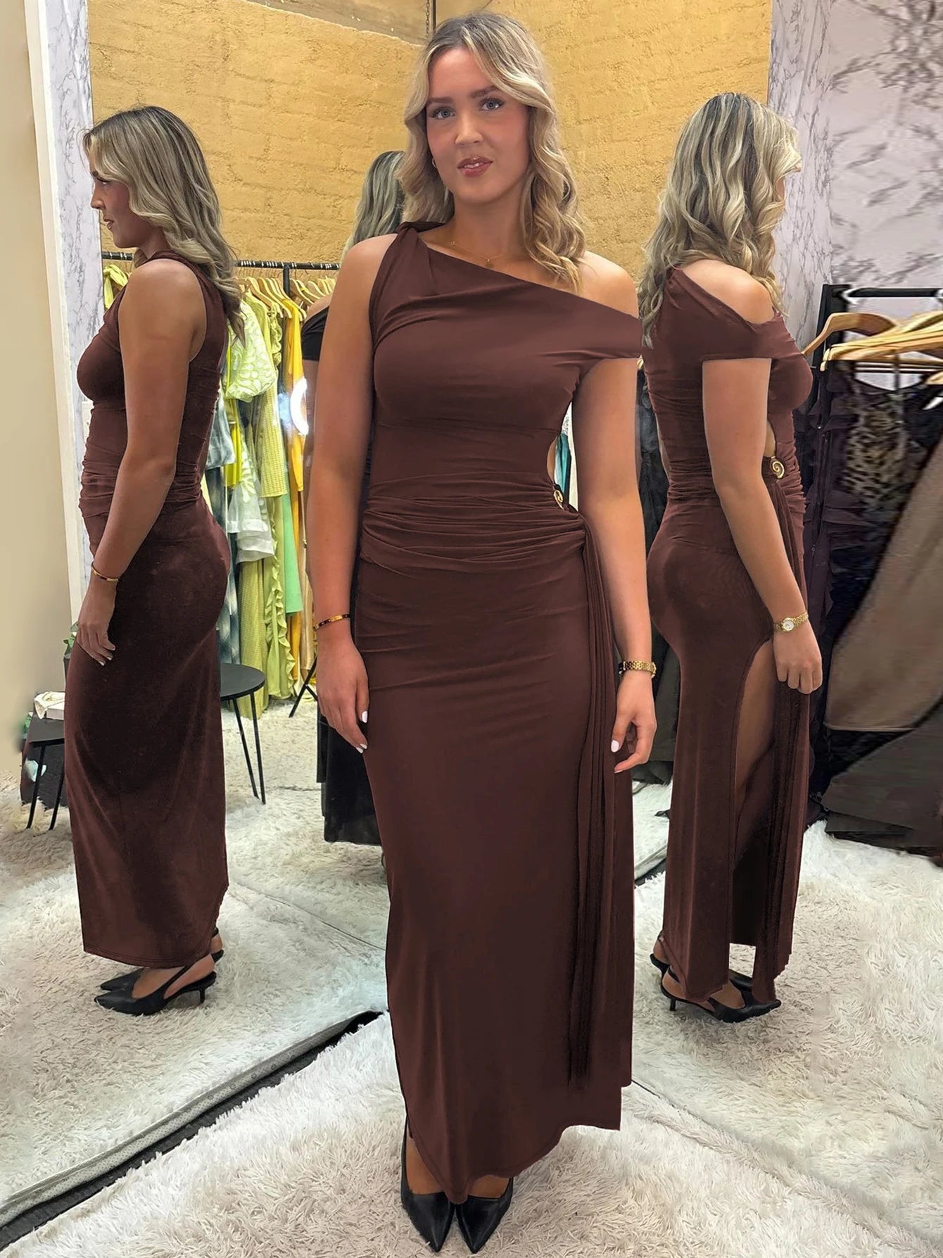 Ruched Bodycon Cut Out Maxi Dress