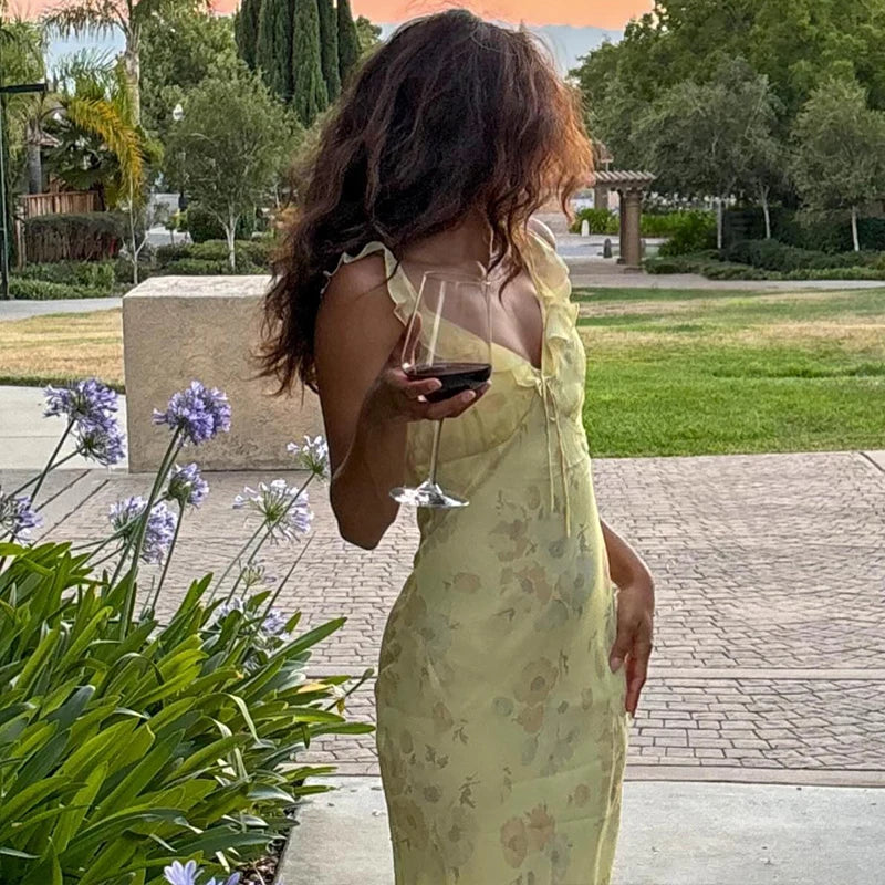 Yellow Floral Backless Ruffle Midi Dress