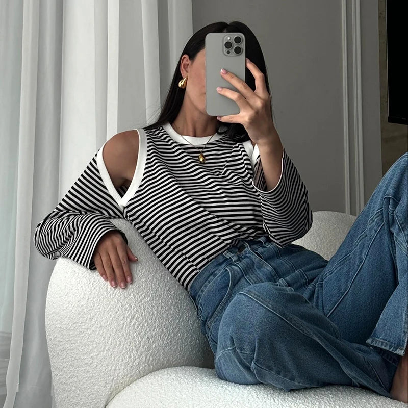 Strip Contrast Off-Shoulder Long Sleeve Top