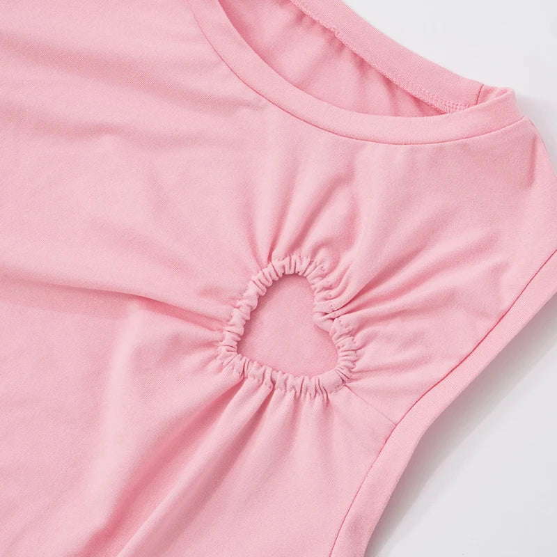 Spring ‘s Love Hollow Out Design Color Set Round Neck Sleeveless Tank Top Low Waist Pants Sets