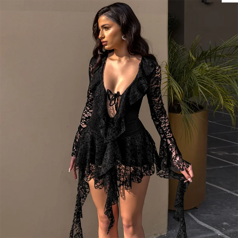 Spring 'S Dress Patchwork Lace Ribbon Ruffle Tie Rope Hollow Out Flare Long-Sleeved Mini Dress