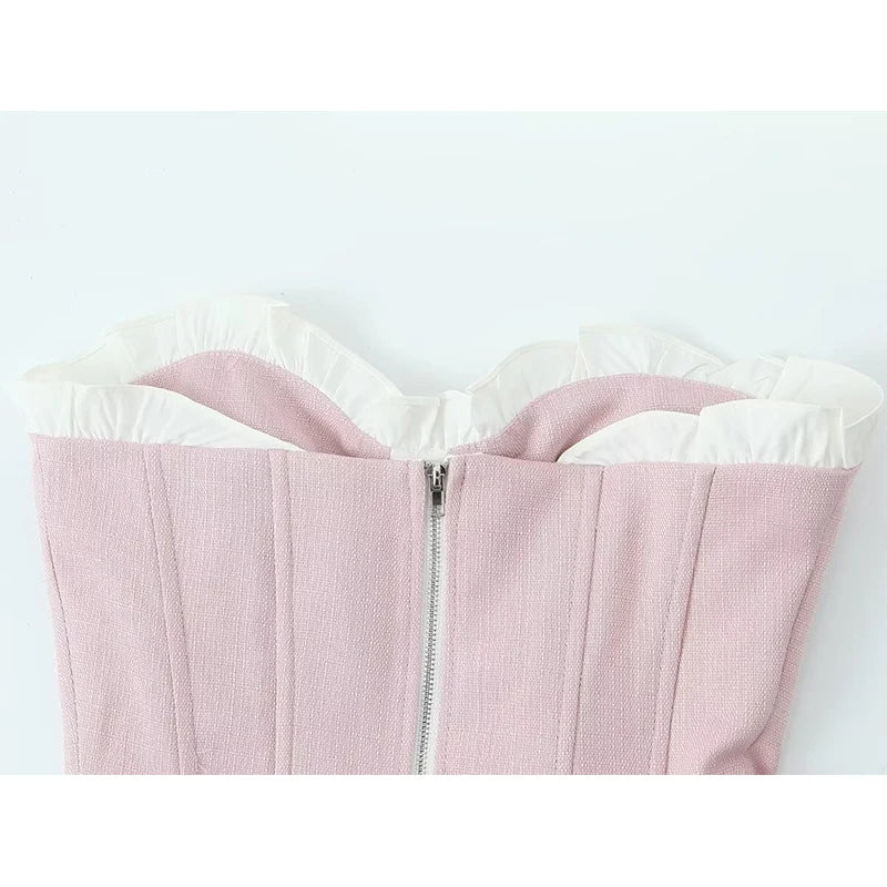 Sweet Patchwork Fish Bone Slim Fit Strapless Top Crop Top