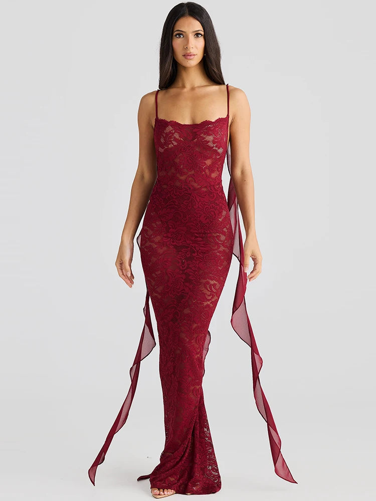 Lace See Through Camisole Maxi Dress For Ribbons Sleeveless Backless Slim Bodycon Long Dress Ladies Robes