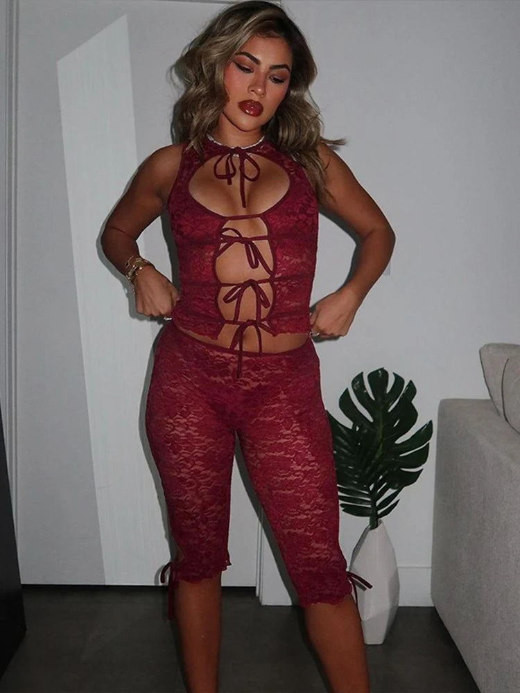 Lace Bandage Matching Short Set Stunning See Through Hollow Crop Tank Mid-Craft Bottom 2 Piece