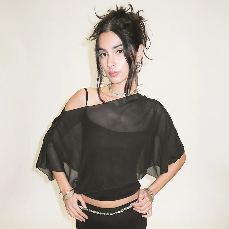Black Mesh Ruffles Two Piece Top