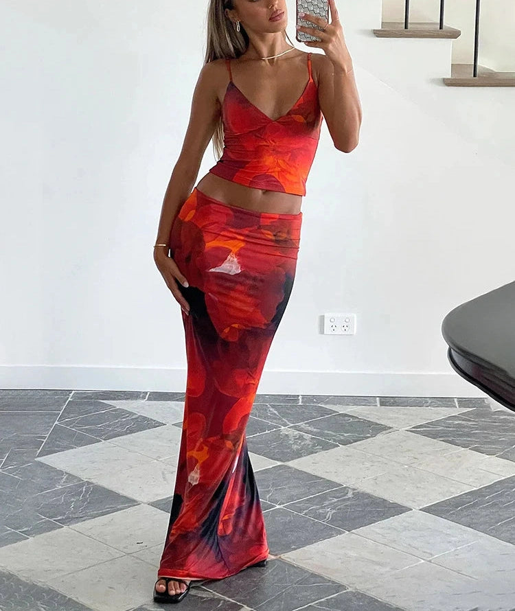Stunning Panelled Two Piece Set Low Neck Slim Camisoles High Waist Maxi Skirt Attire