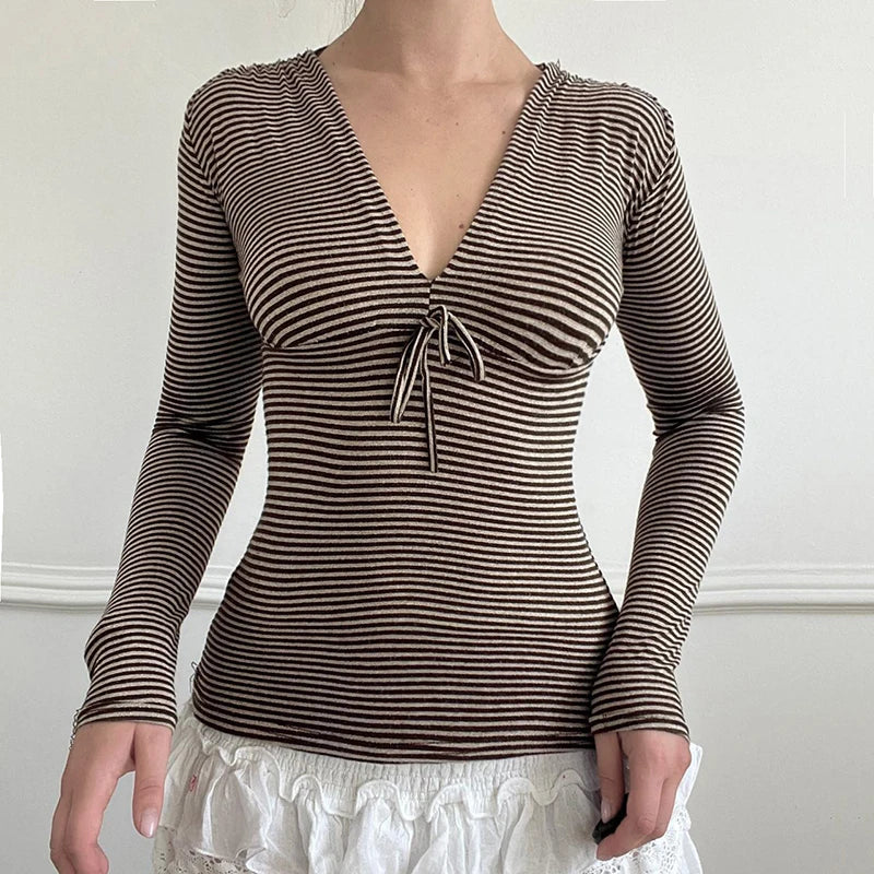 V-neck Strip Tee Shirt Long Sleeve Slim Lace-up Top