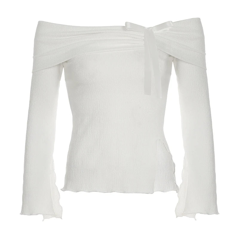 Lace-up 's White Tee Shirts Slash Neck Slits Top Slim Daily