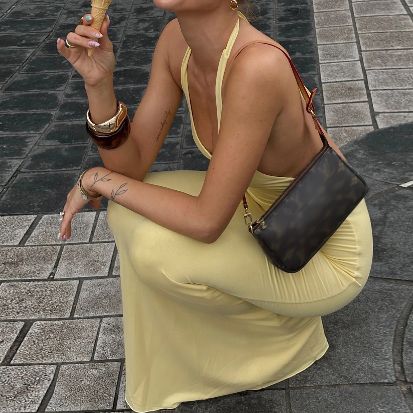 Yellow Slim Sleeveless Backless Halter Long Dress