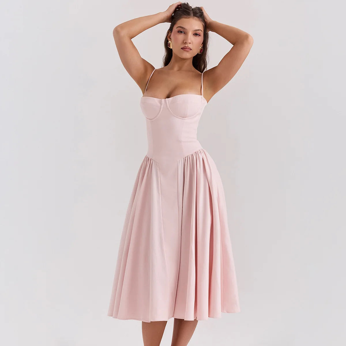 Dress for Pink Spaghetti Strap Midi Dress with Pocket Long Dress