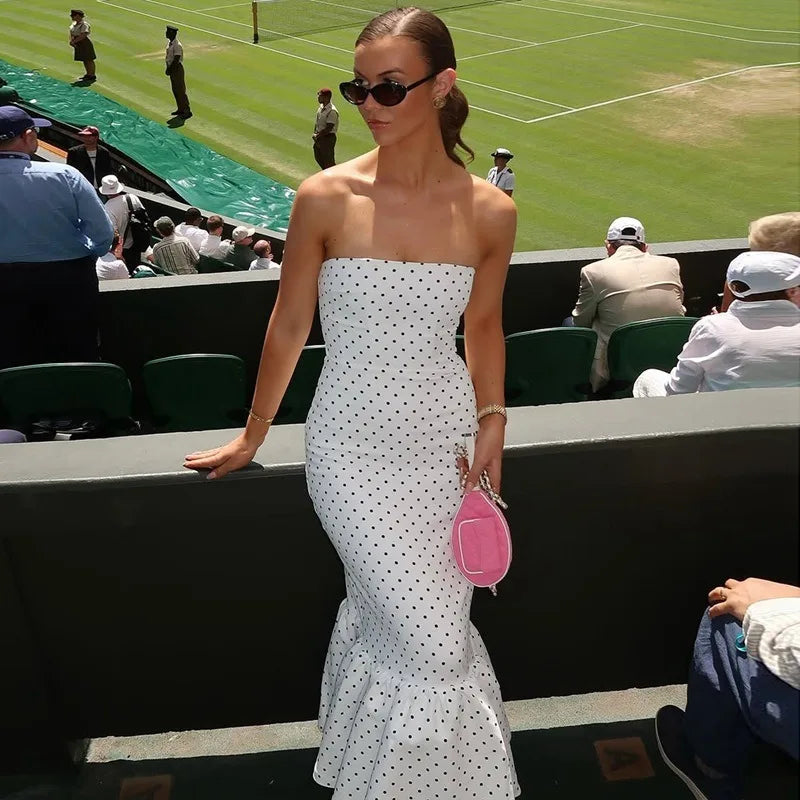 Polka Dot Strapless Mermaid Midi Dress