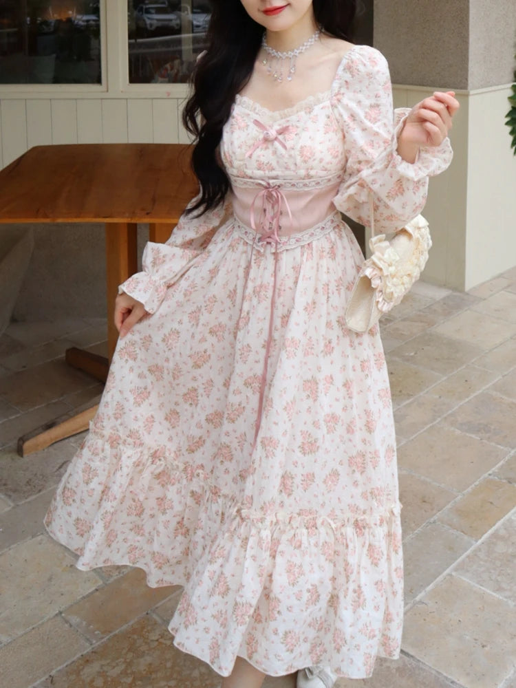 Spring Pink Floral Dress Bandage Lace Print Dress Puff Sleeve Kawaii Dress Princess Fairy