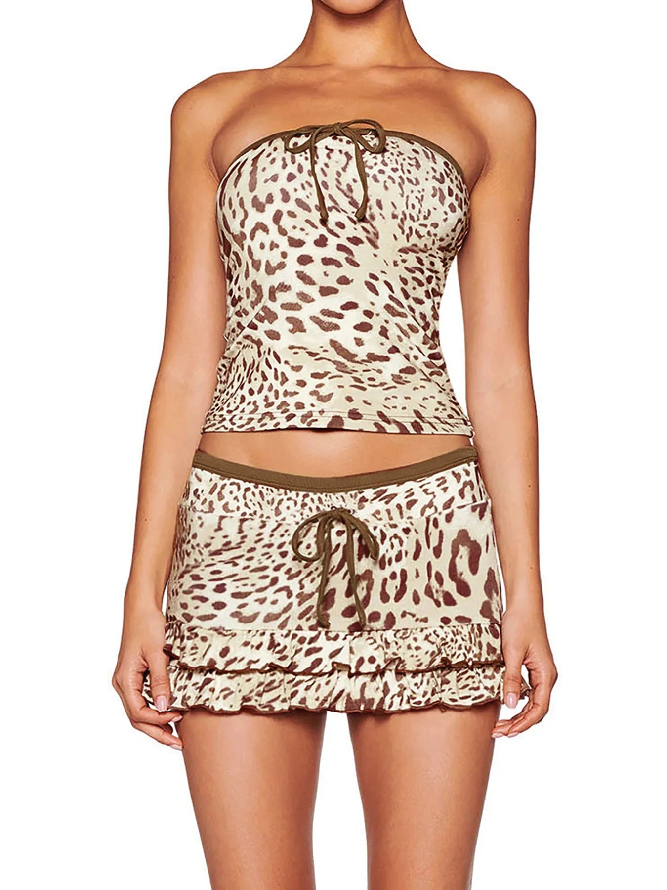 Leopard print Two Pieces of Sets 's Lace-up Camisole and Mini Skirts