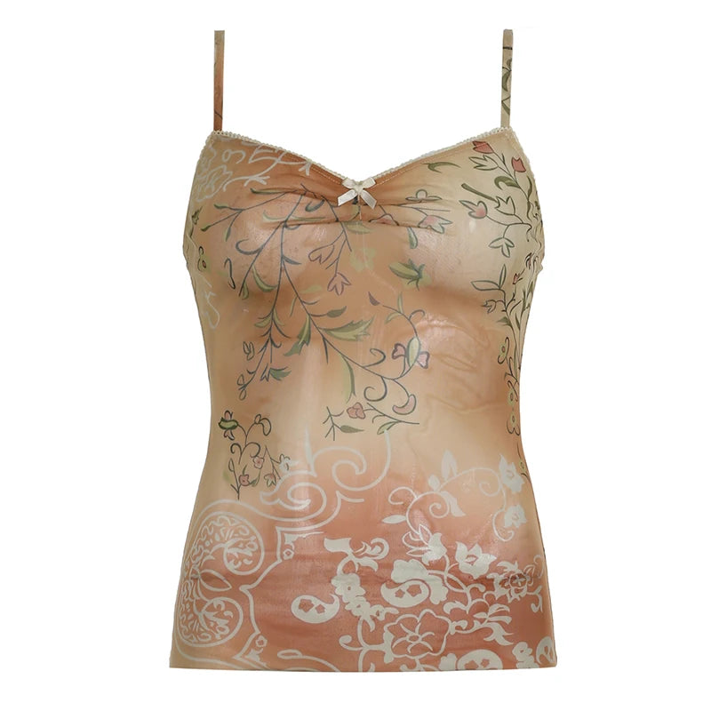 Slim Camisole Sleeveless Floral Print Shirts Bow Vests