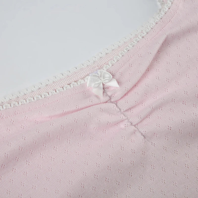 Square Collar Slim Folds Tee Shirts Long Sleeves s Lace Knitted Bow 's Top