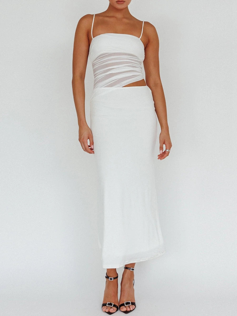 2 Piece Skirts Color Mesh Irregular Sleeveless Cami Top Long Skirts Set