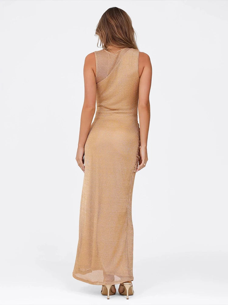 Khaki Knit Slim Fit Hollow Out Midi Dress