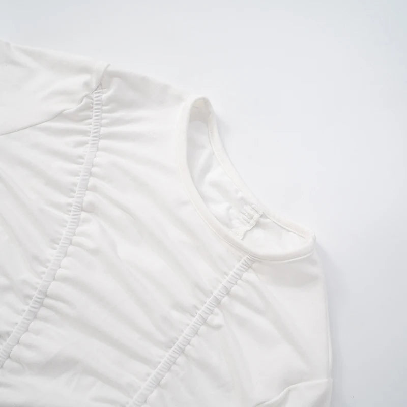 Spring And Round Neck Color Wrinkles Tight T-Shirt Top Versatile
