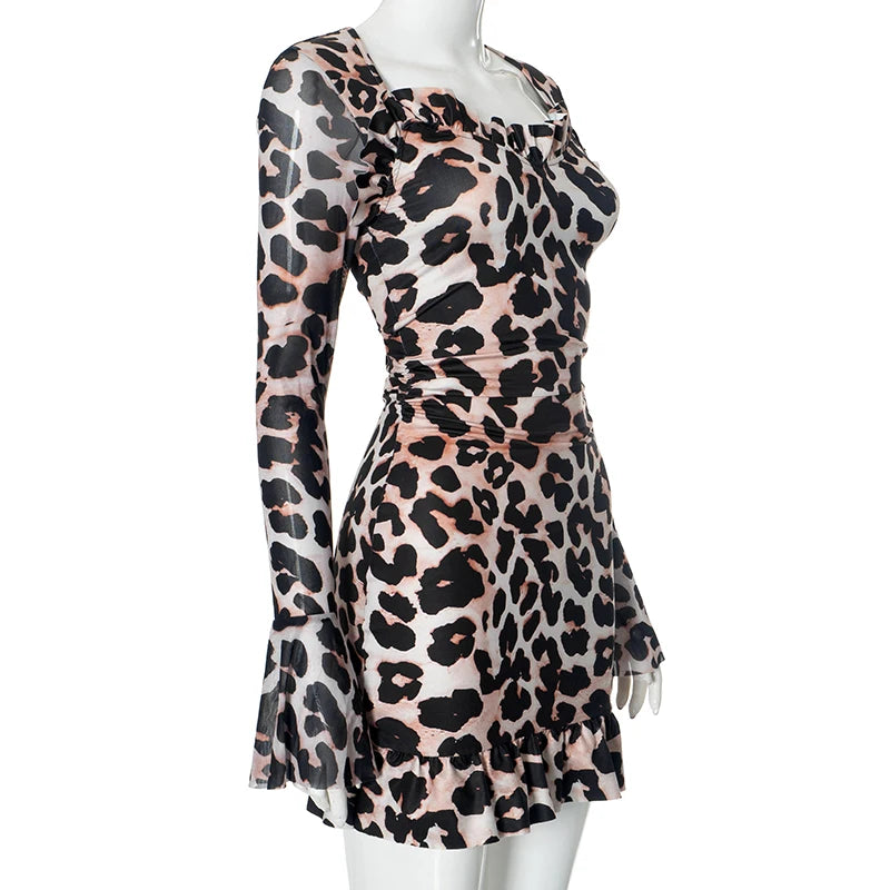 Meh Patchwork Leopard Flare Sleeve Mini Dress