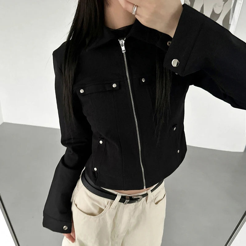 's Rivet Jacket Black Zip-Up with Pockets Long Sleeve Coats Cropped Design