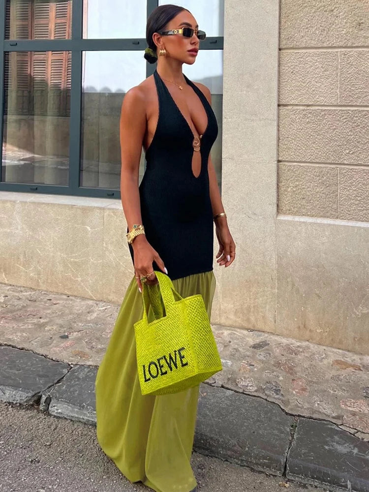 Patchwork V-neck Maxi Dress Black Backless High Waist Dress