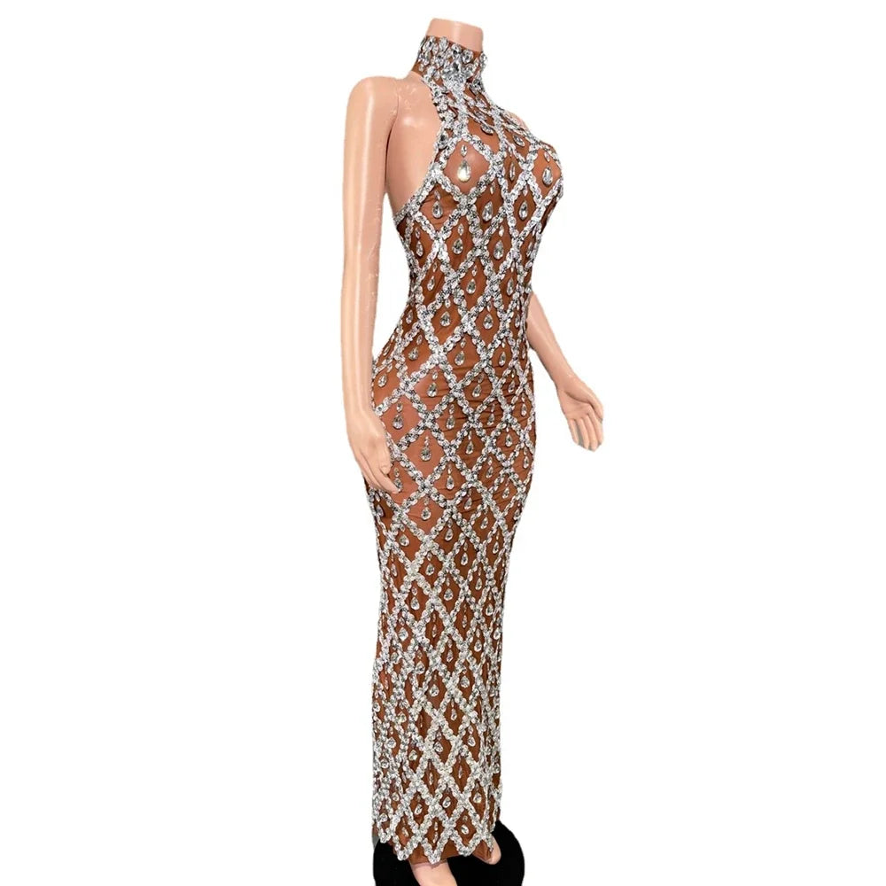 Sparkly Rhinestones Sleeveless Long Dress Dark Mesh Celebrate Wedding Prom Gown Birthday Dress Photograph Wear