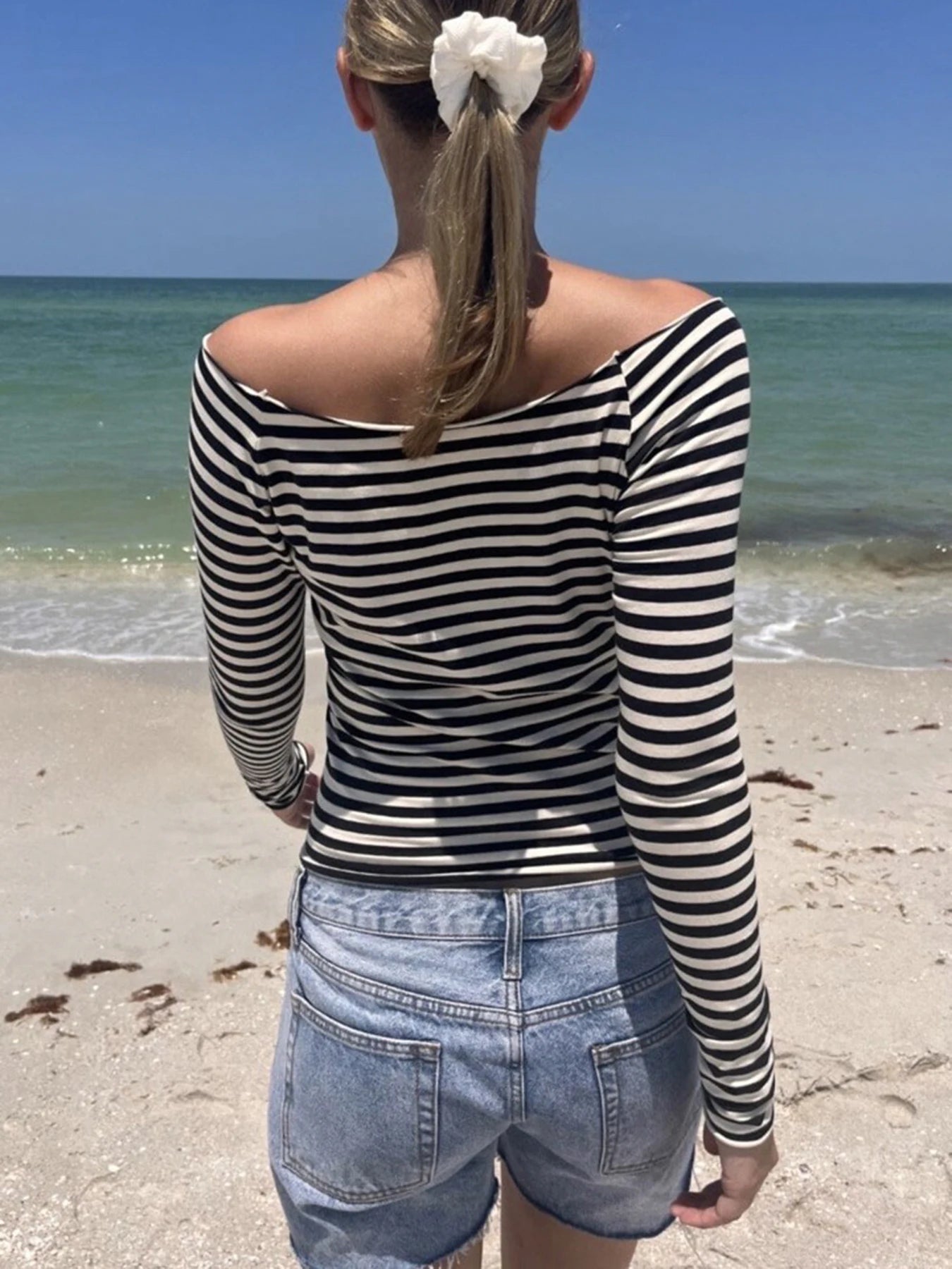 Slah Neck Strip Shirt Long Sleeve Crop Top Slim