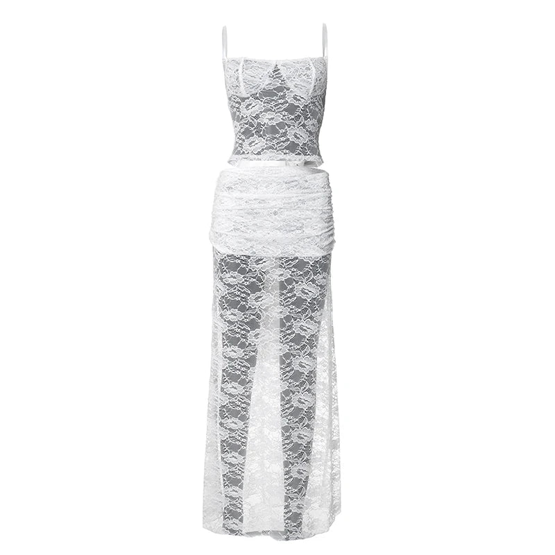 'S Slim Lace Patchwork See-Through Back Mesh Three-Dimensional Bow Camisole Top Bustier Skirt Set