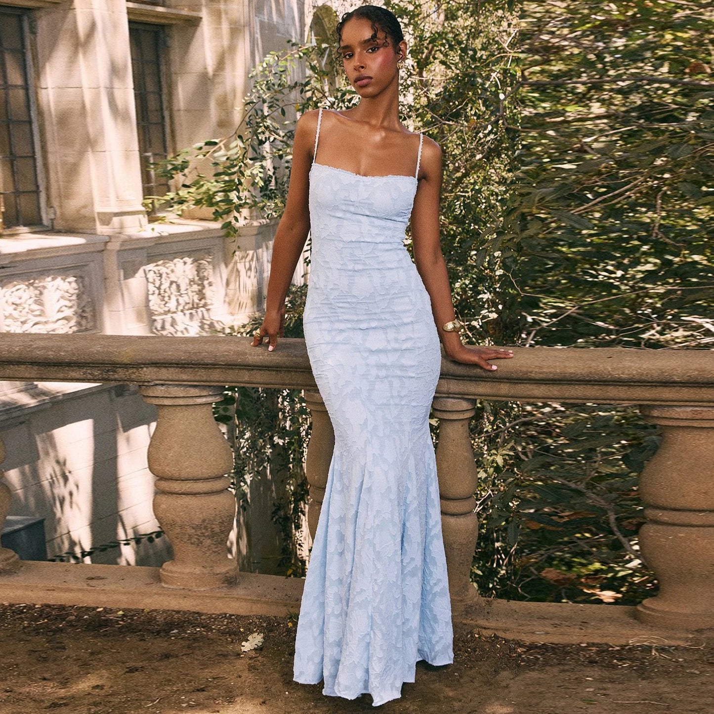 Square Neck Backless Suspender Dress with Hip Wrap Slim Fit Fish Tail Long Retro Evening Dresses