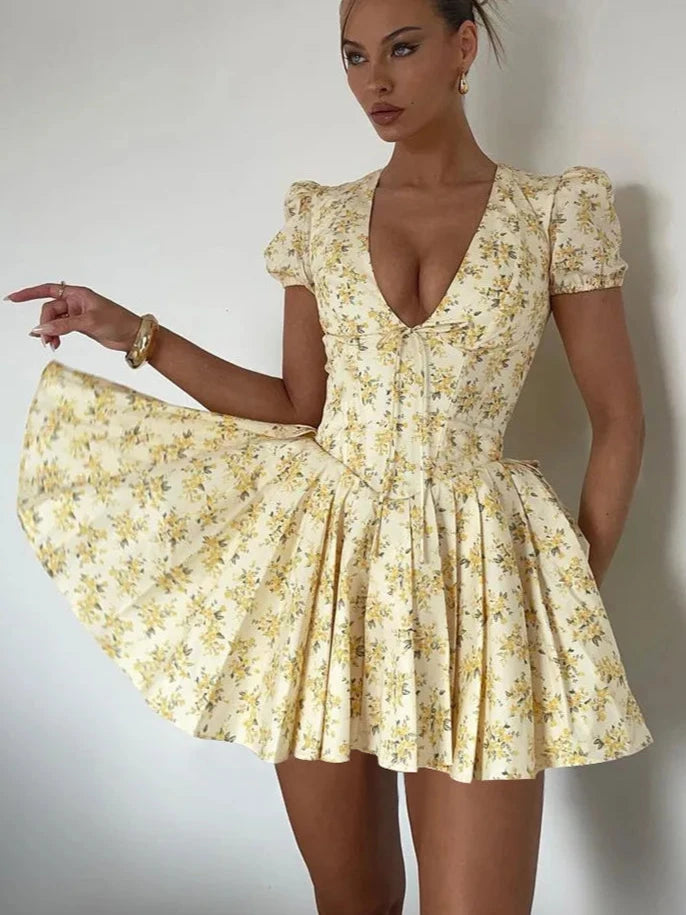 Yellow Floral V Neck Mini Dress
