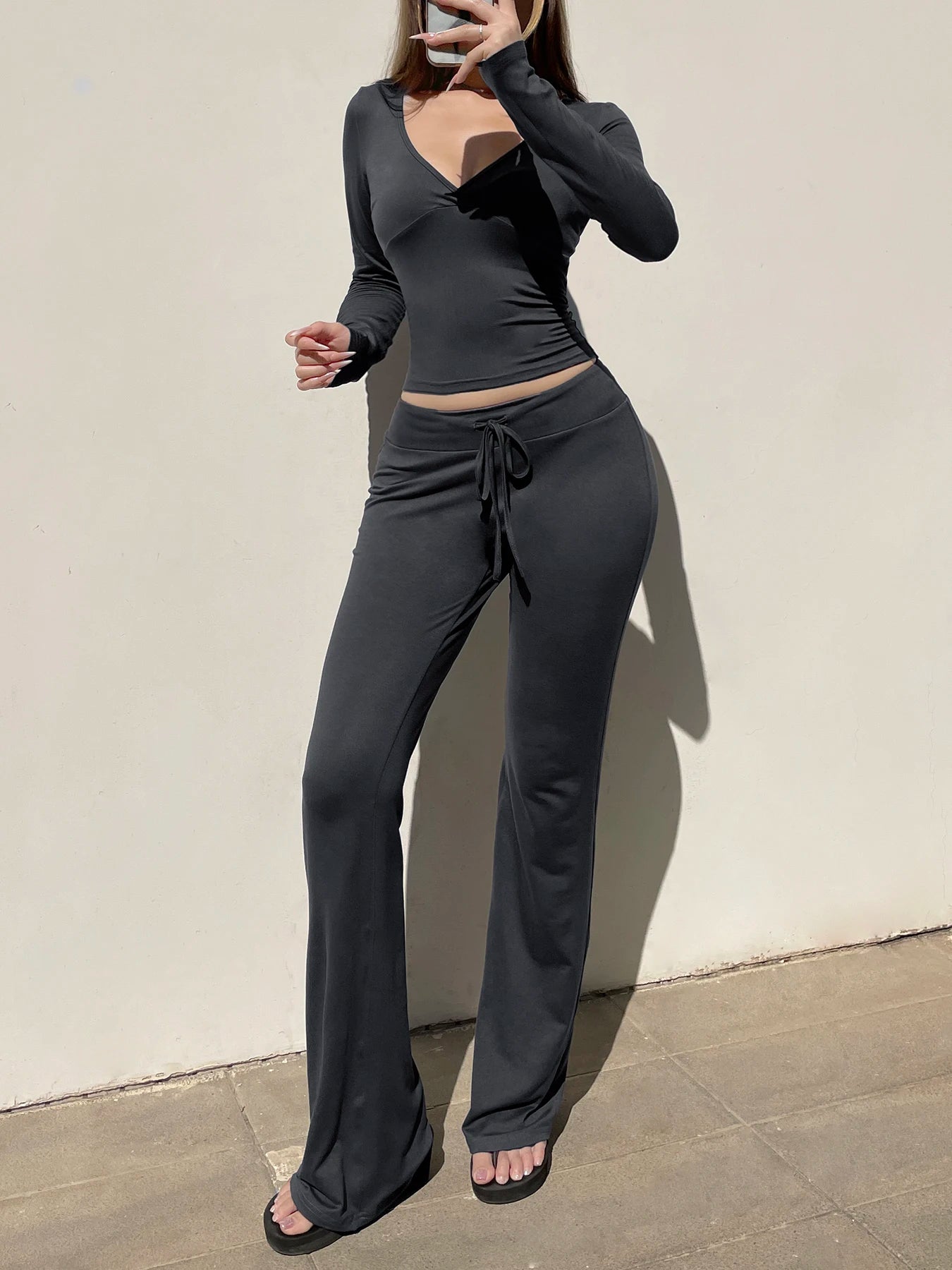 V-neck Top Full Length Pants Drawstring Suits Simple Slim Long Sleeves Low Waist
