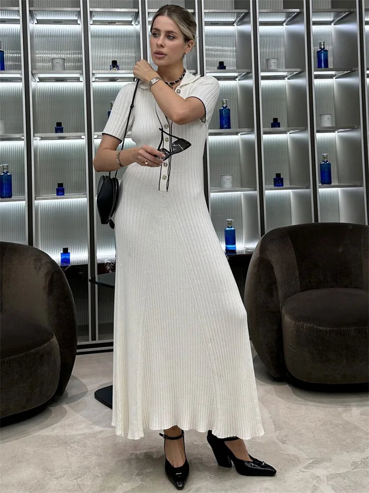 White Knit Maxi Dress Short Sleeve Patchwork Dress Lapel High Waist Knit Dress