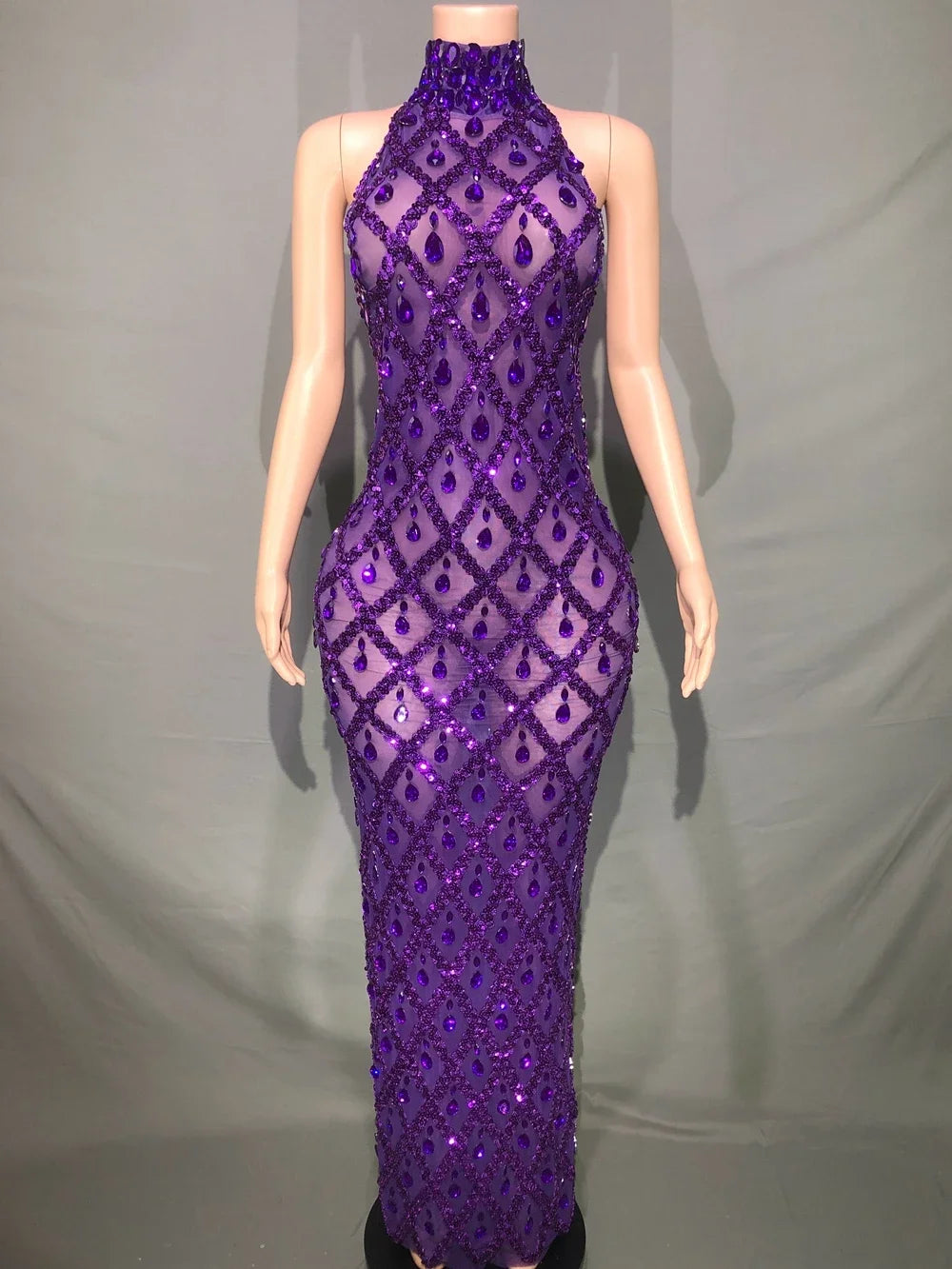 Sparkly Rhinestones Sleeveless Long Dress Dark Mesh Celebrate Wedding Prom Gown Birthday Dress Photograph Wear