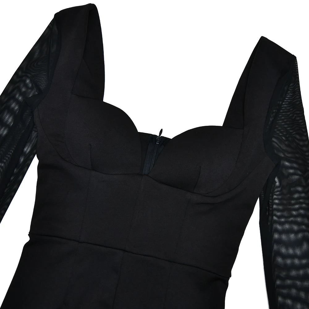 Backless Plunge Collar Mesh Mini Dress Long Sleeve High Stretch Dress Femme Outfit