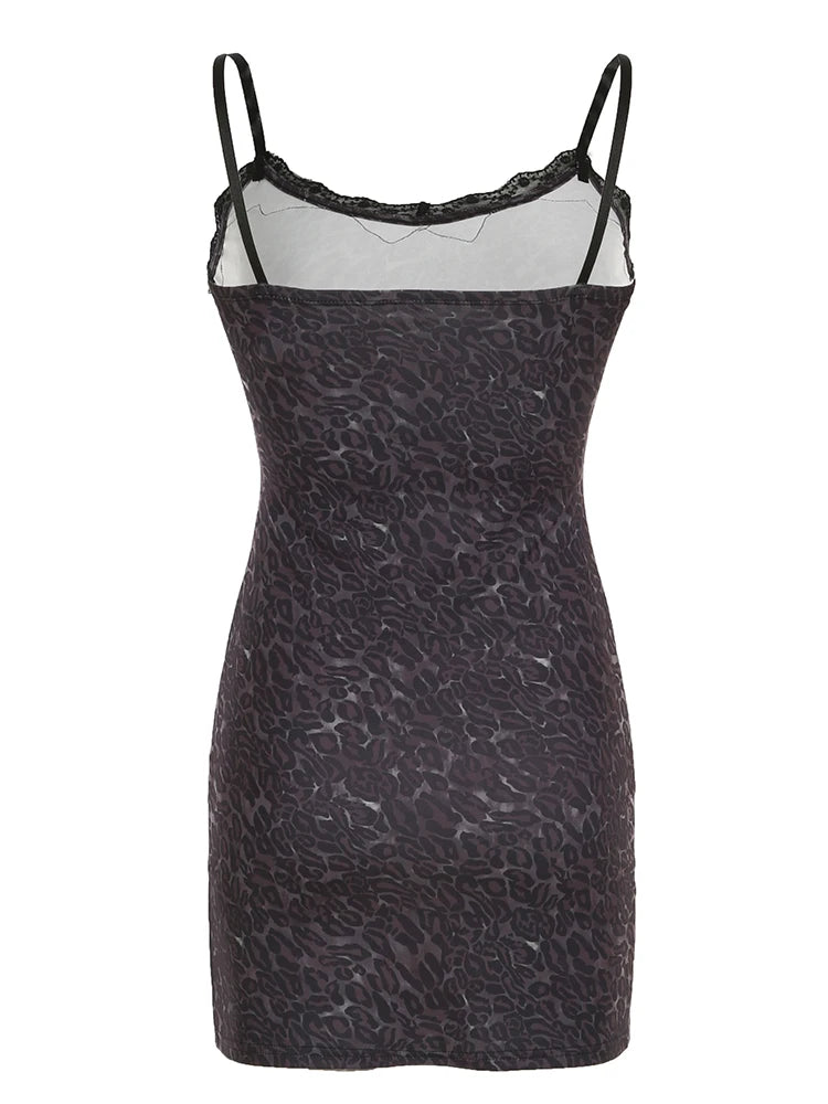 Leopard Print Mini Dress Lace Patchwork Bodycon 's Spaghetti Strap Evening Dress