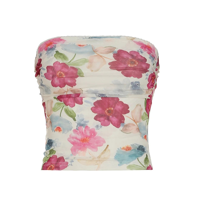 Floral Print Tube Top Backless 's Bustiers Slim Crop Camisole