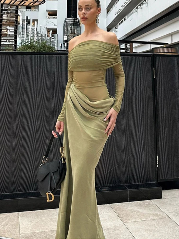 Patchwork Mesh Slash Neck Ruched Dress