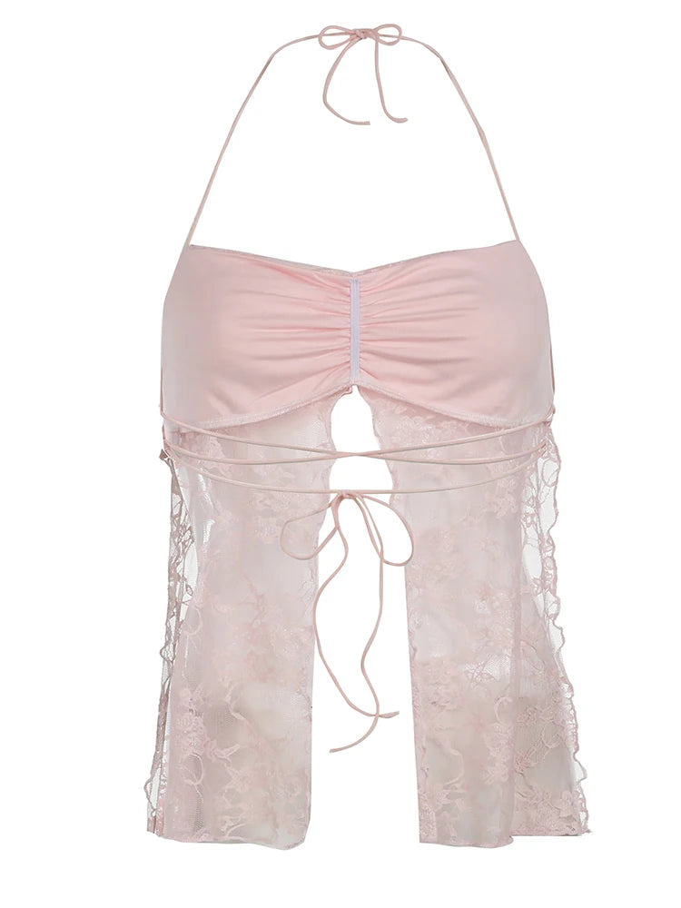 Lace Camisole Backless Lace-up Retro See-through Bustiers Fairycore Halter Neck Top