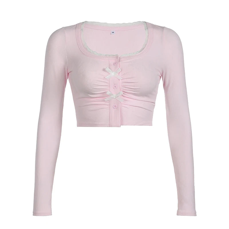 Bow Cropped Tee Shirts Button Up Lace Patchwork 's Top Long Sleeve Pink Slim