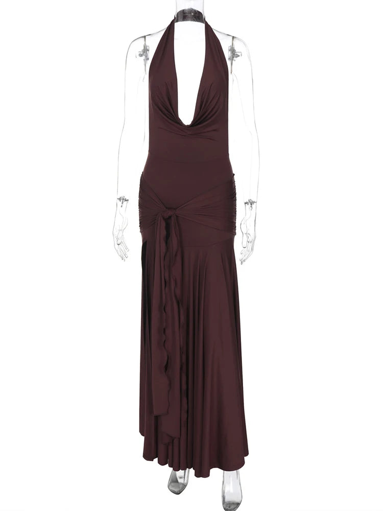 Dressp V-nec Maxi Dress Brown High Slit Dress