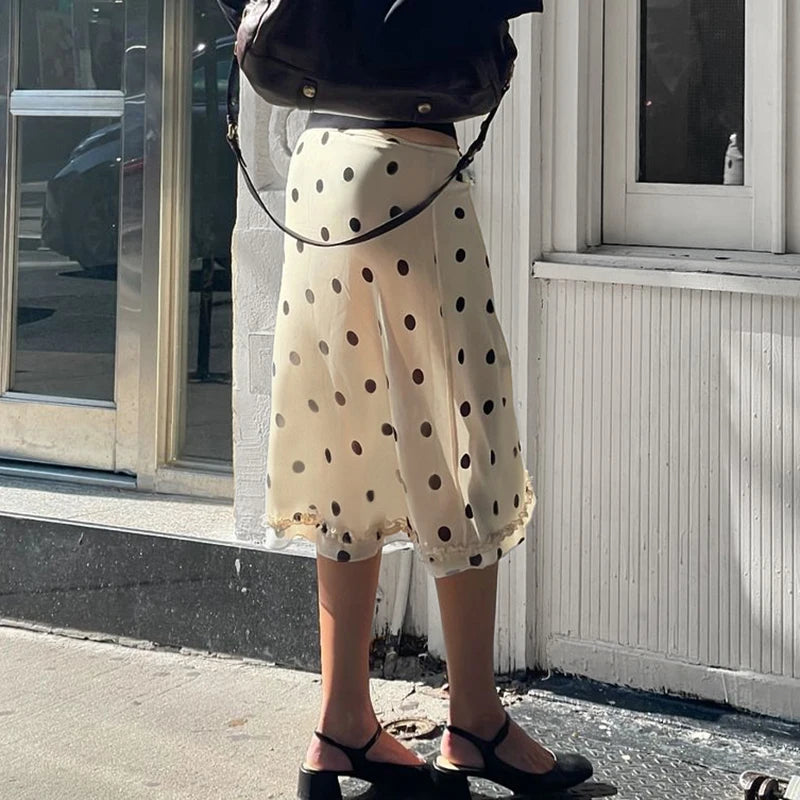 Beige Polka Dot Low Waist Midi Skirt