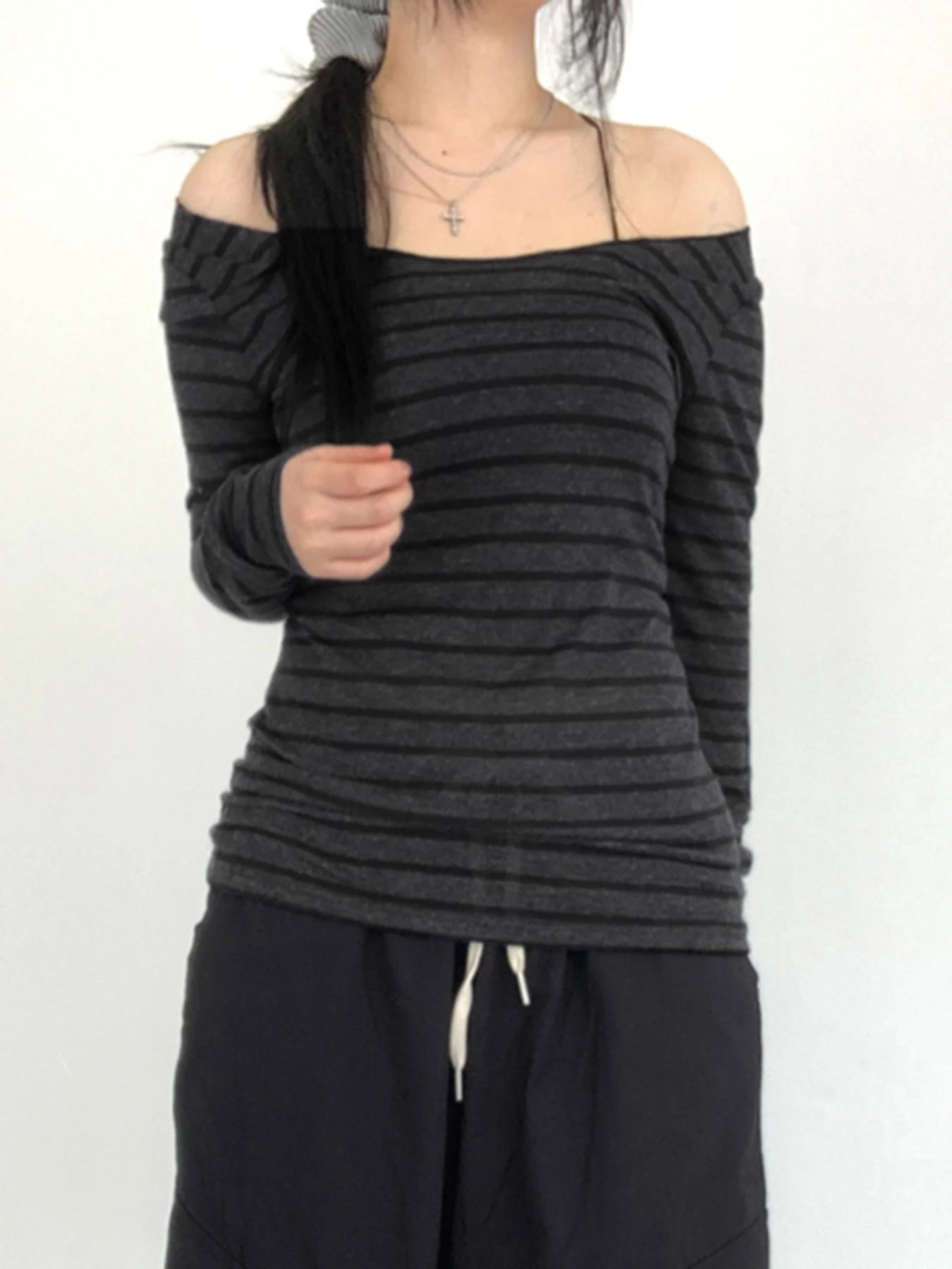 Strip Long Sleeve Tee Shirt Crewneck Slim