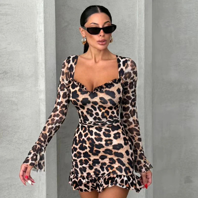 Meh Patchwork Leopard Flare Sleeve Mini Dress