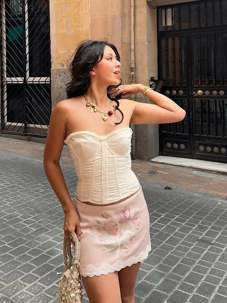 Ruffles Corset Top Fake Fishbones Wrap Daily stretch Tube Top