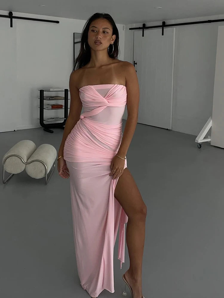 Backless Dress Ruched Chest Wrap Cross Bandage Sleeveless Tassel Street Slits Long Bodycon