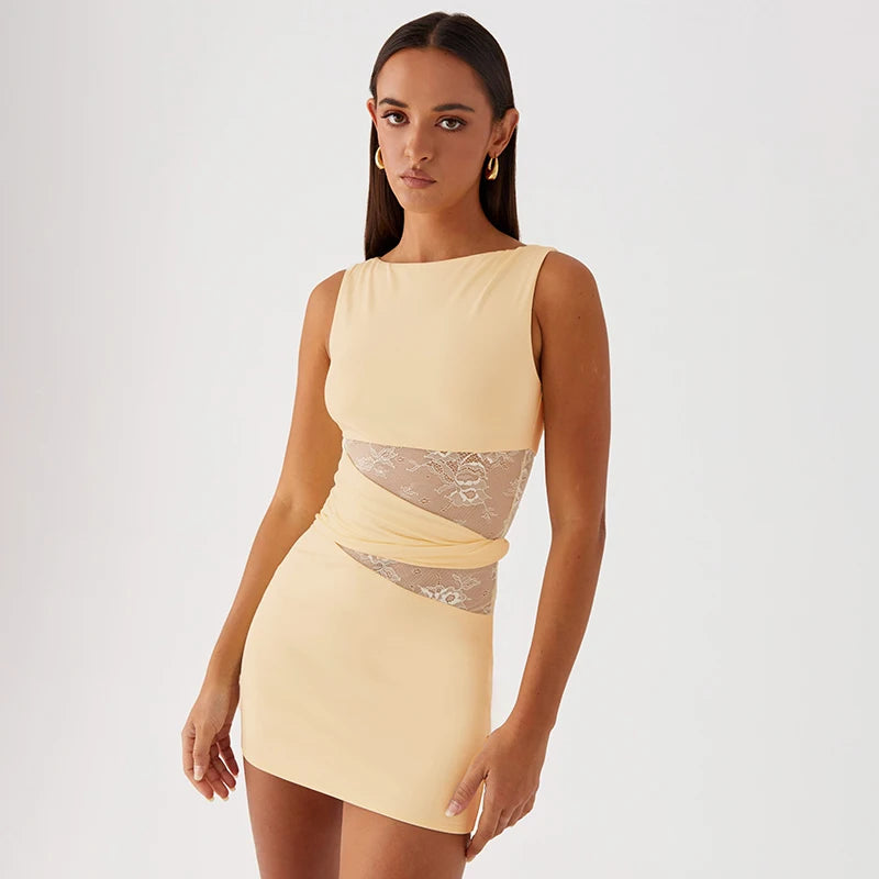 'S Slim Package Hip Sleeveless High Neckline Lace Patchwork Hollow Out See-Through Twisted Circle Dress