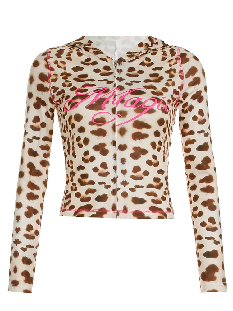 Leopard Print Crop Slim Zip Up Hooded Jackets Long Sleeves Letter 's