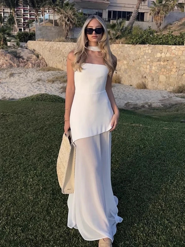 Mesh Strapless Ribbon Maxi Dress