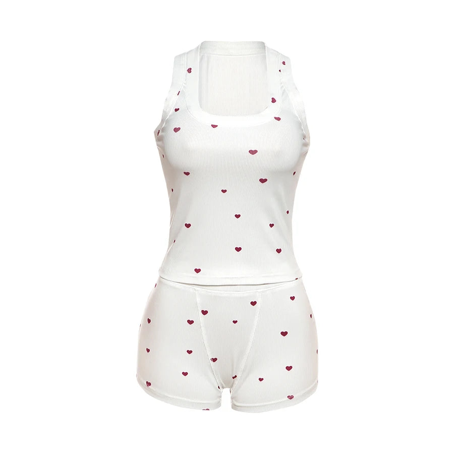 Comtable Heart Print Two Piece Set Square Collar Sleeveless Crop Top Stretch Shorts